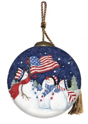 Three Snowman and an American Flag Hand Painted Mouth Blown Glass Ornament Seasonal Decor Clearance
