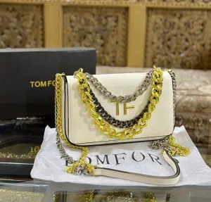 Tom Ford Crossbody Women Bag with Long Chain (White / Gold)
