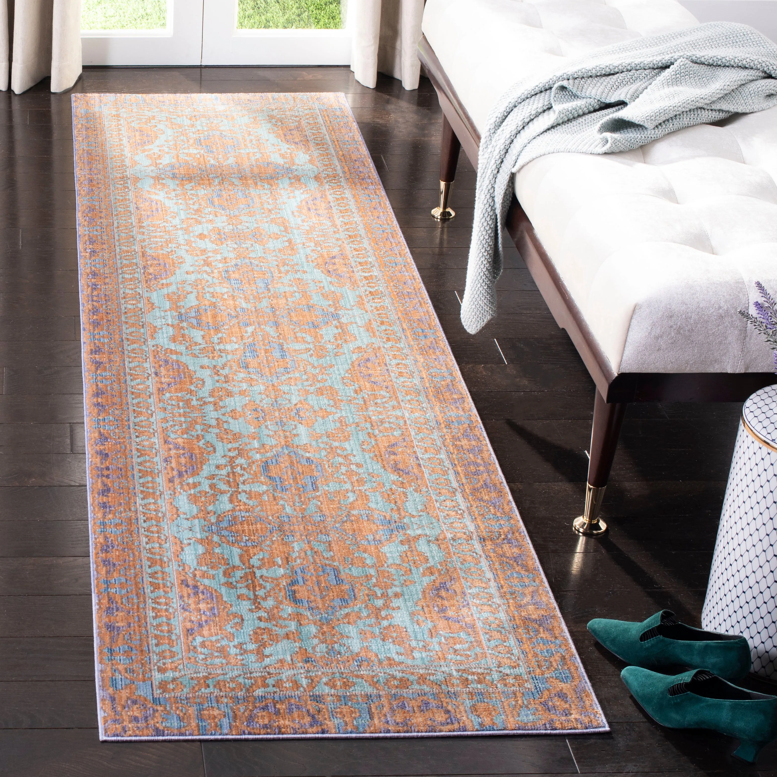 Valencia Machine Made Area Rug, Blue / Gold Traditional Style Easy Care