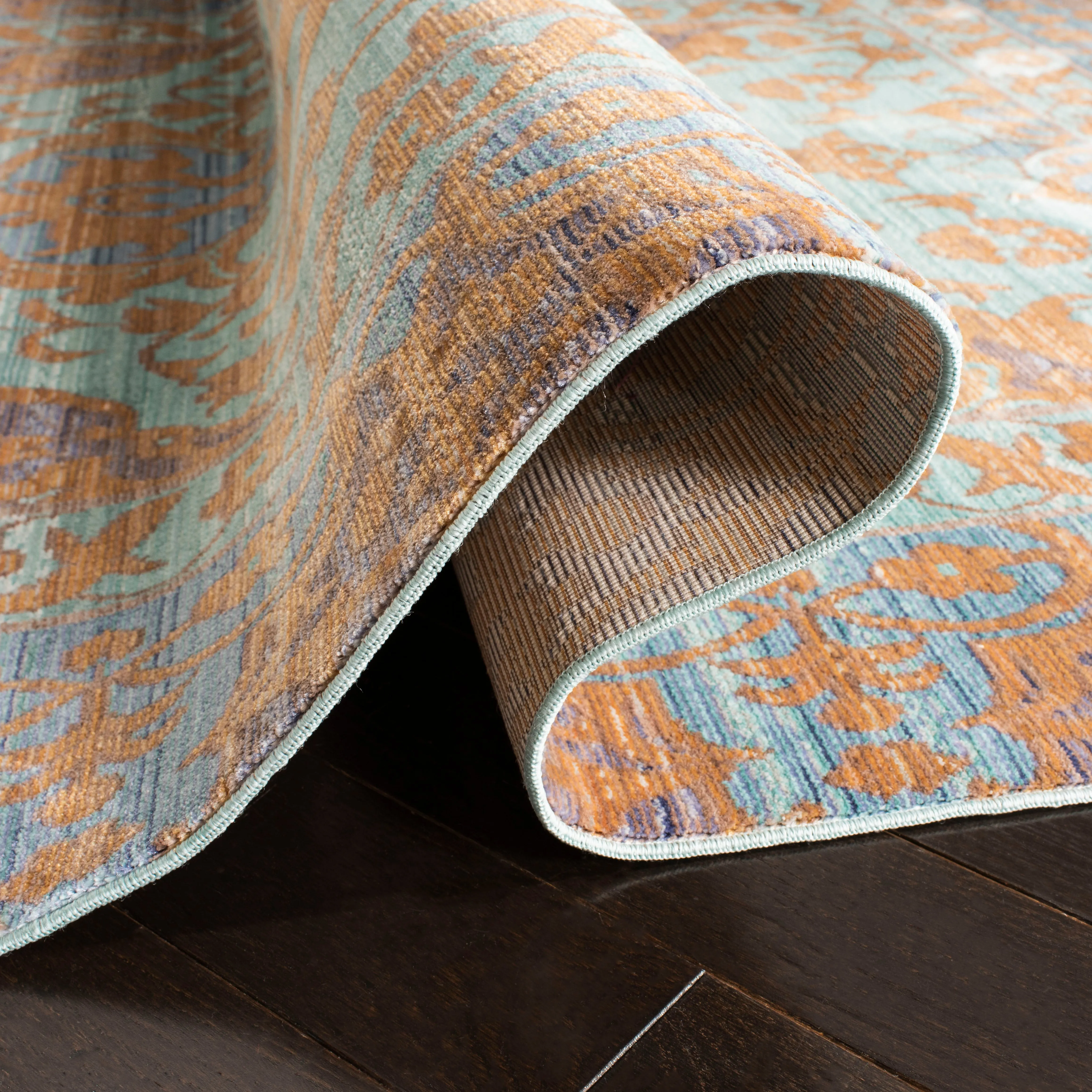 Valencia Machine Made Area Rug, Blue / Gold Traditional Style Easy Care