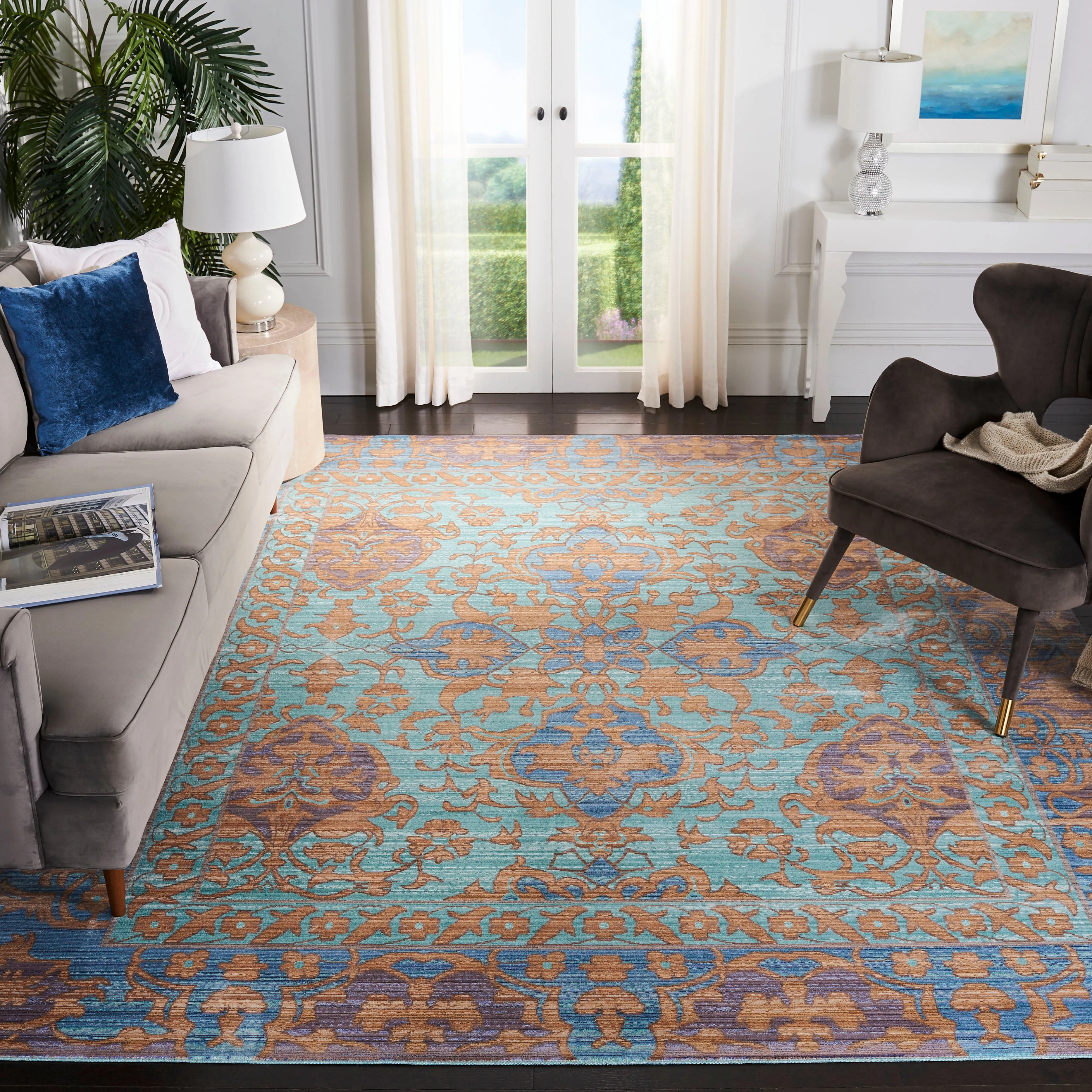 Valencia Machine Made Area Rug, Blue / Gold Traditional Style Easy Care