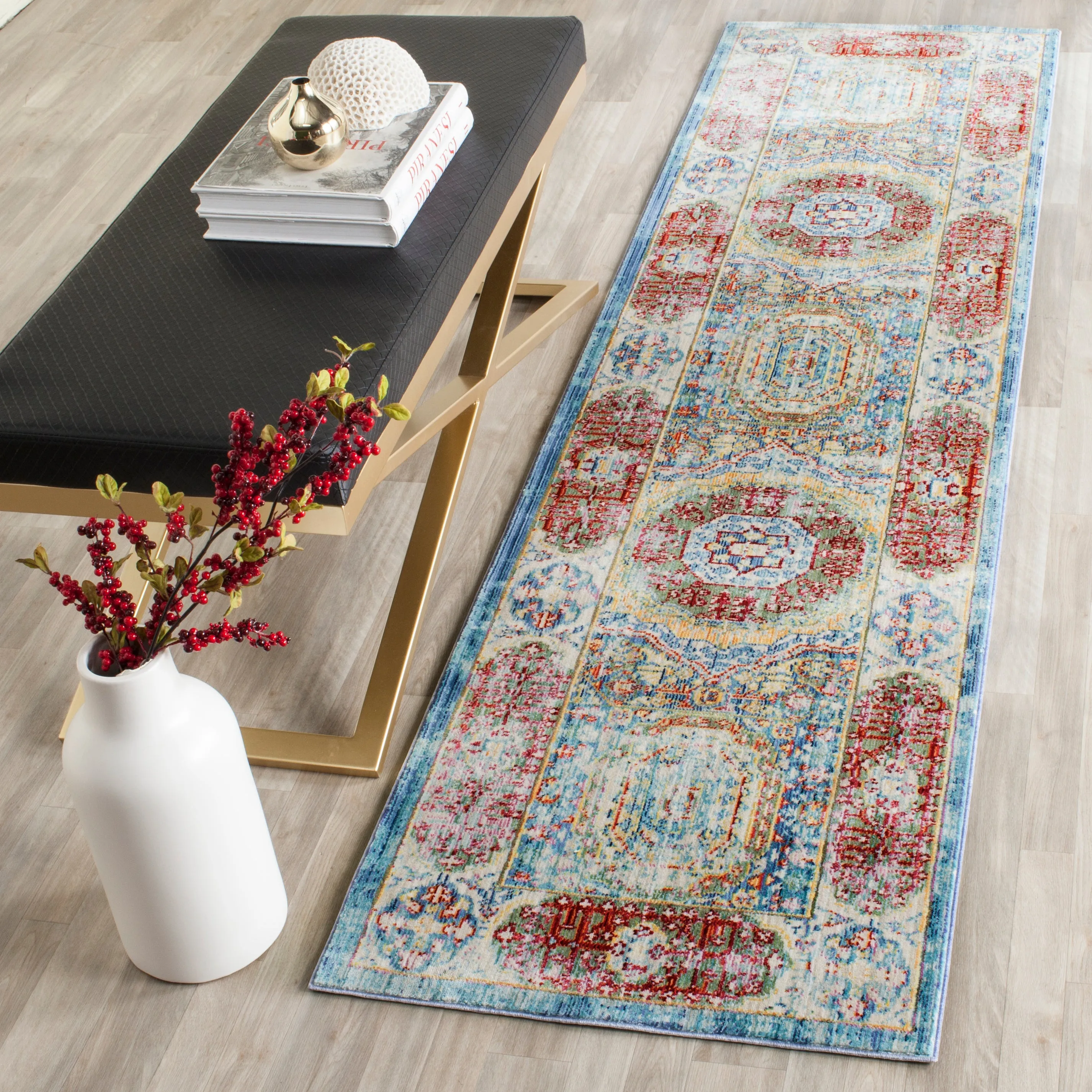 Valencia Machine Made Area Rug, Blue / Multi Traditional Style Easy Care