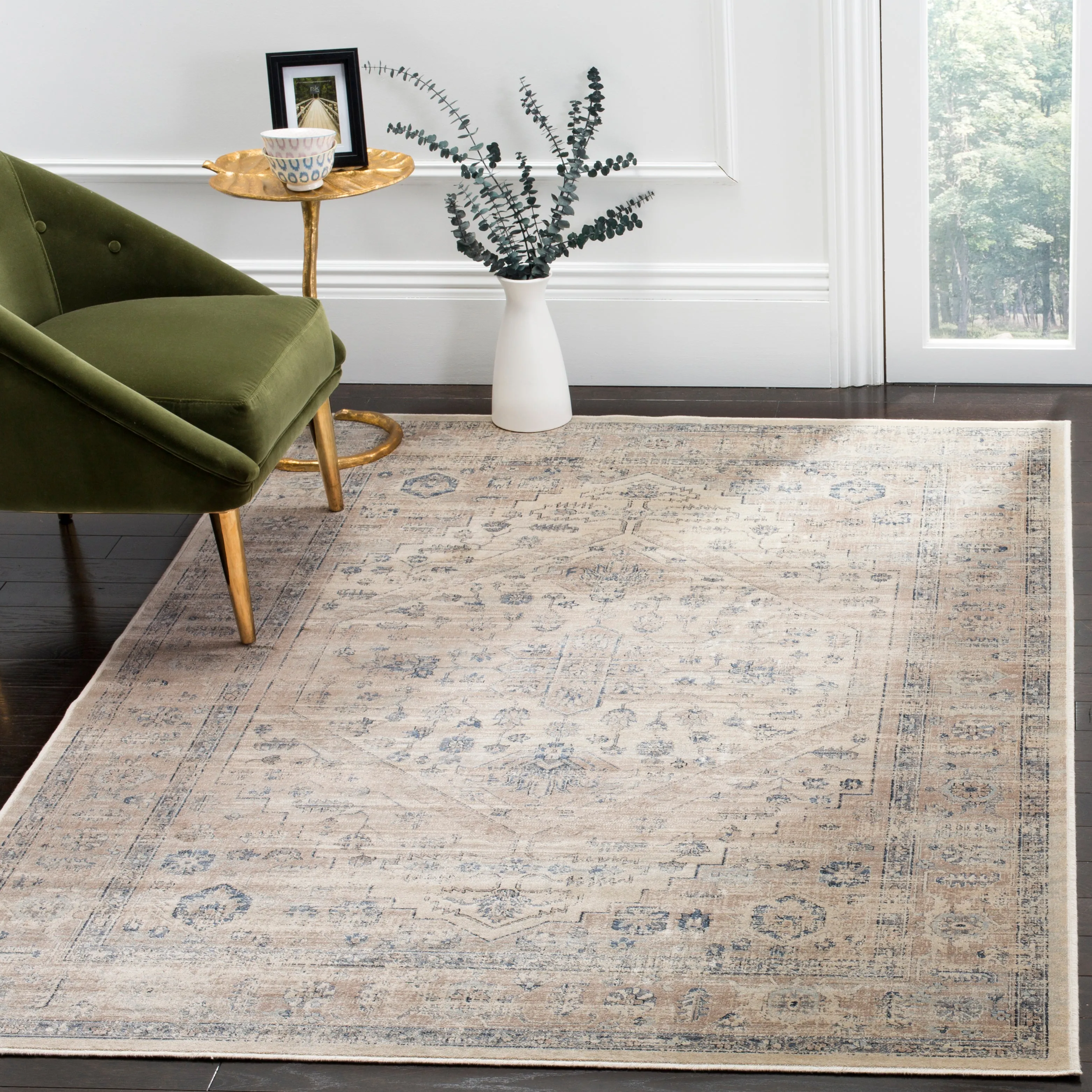 Vintage Machine Made Area Rug, Stone / Blue Traditional Style Area Rugs mega sale