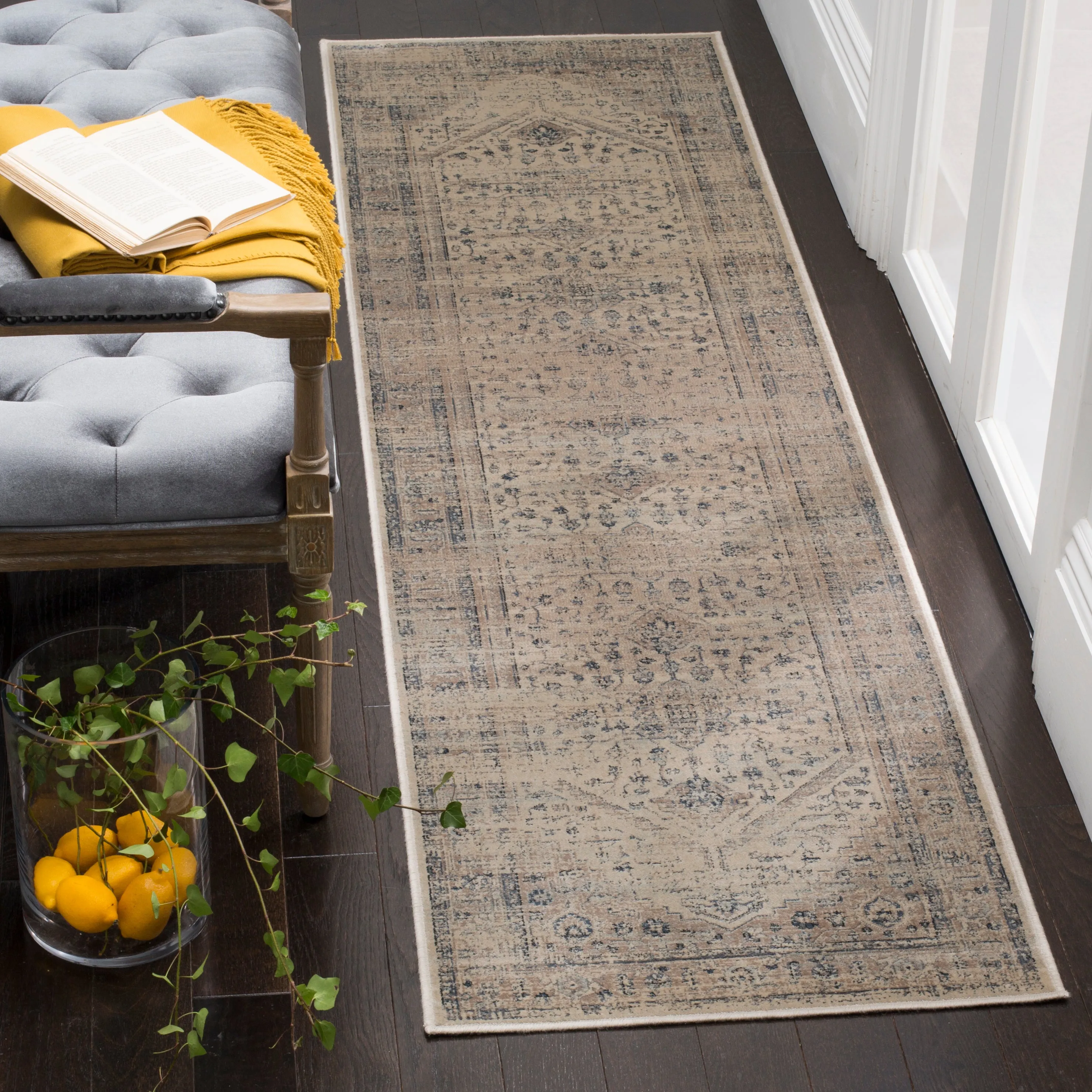 Vintage Machine Made Area Rug, Stone / Blue Traditional Style