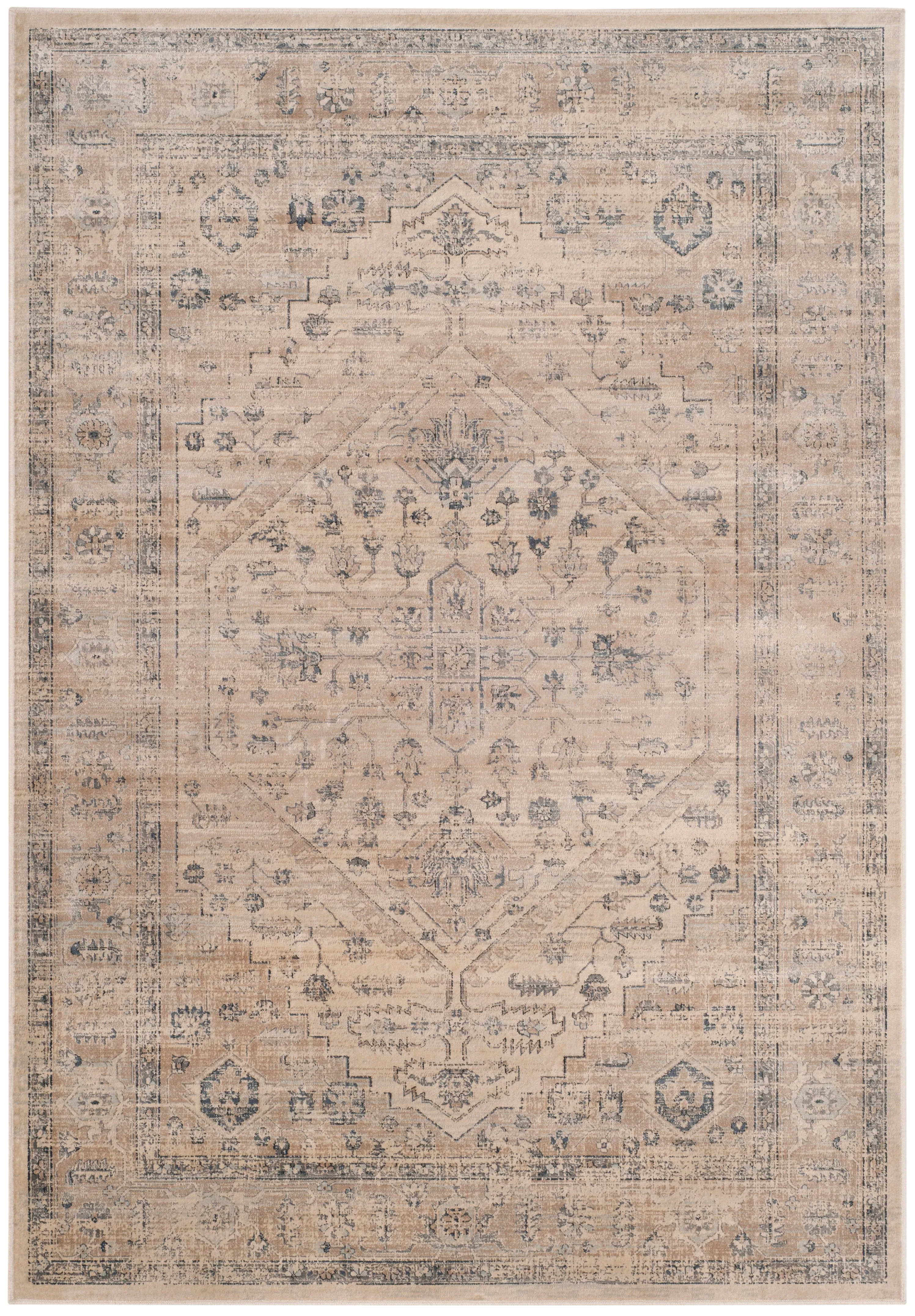 Vintage Machine Made Area Rug, Stone / Blue Traditional Style