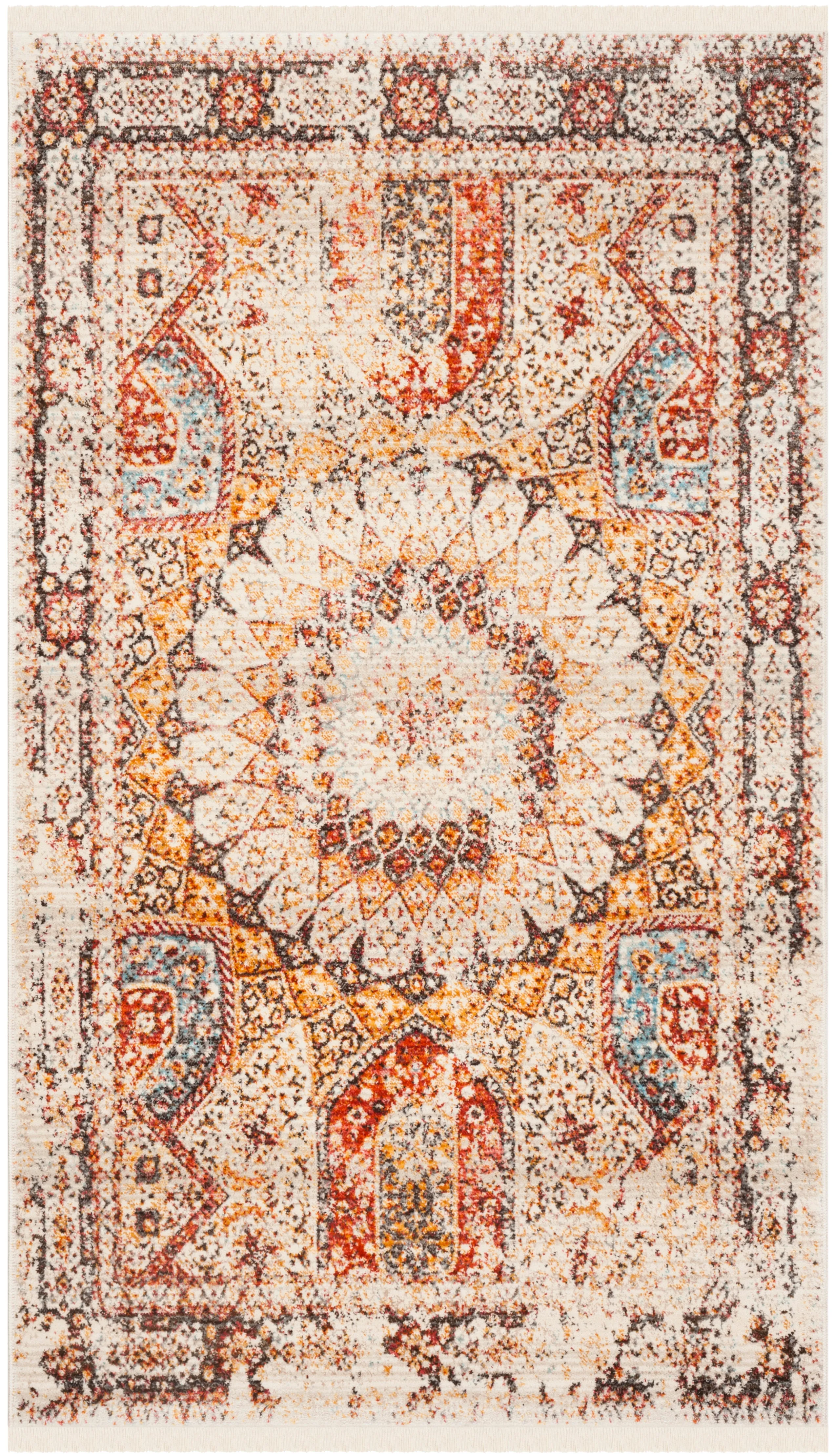 Vintage Persian Machine Made Area Rug, Cream / Rust Traditional Style