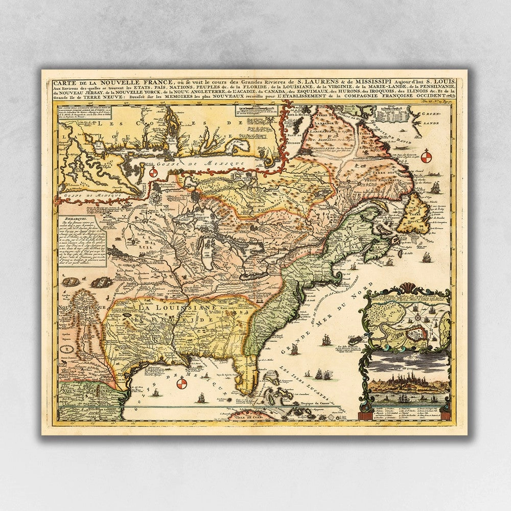 Vintage 1718 Map of New France Unframed Print Wall Art Decorative Accessories best selling