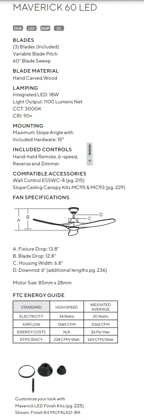 Visual Comfort Fan Maverick DC Indoor/Outdoor Ceiling Fan with Dimmable LED light and 6 Speed Remote Control