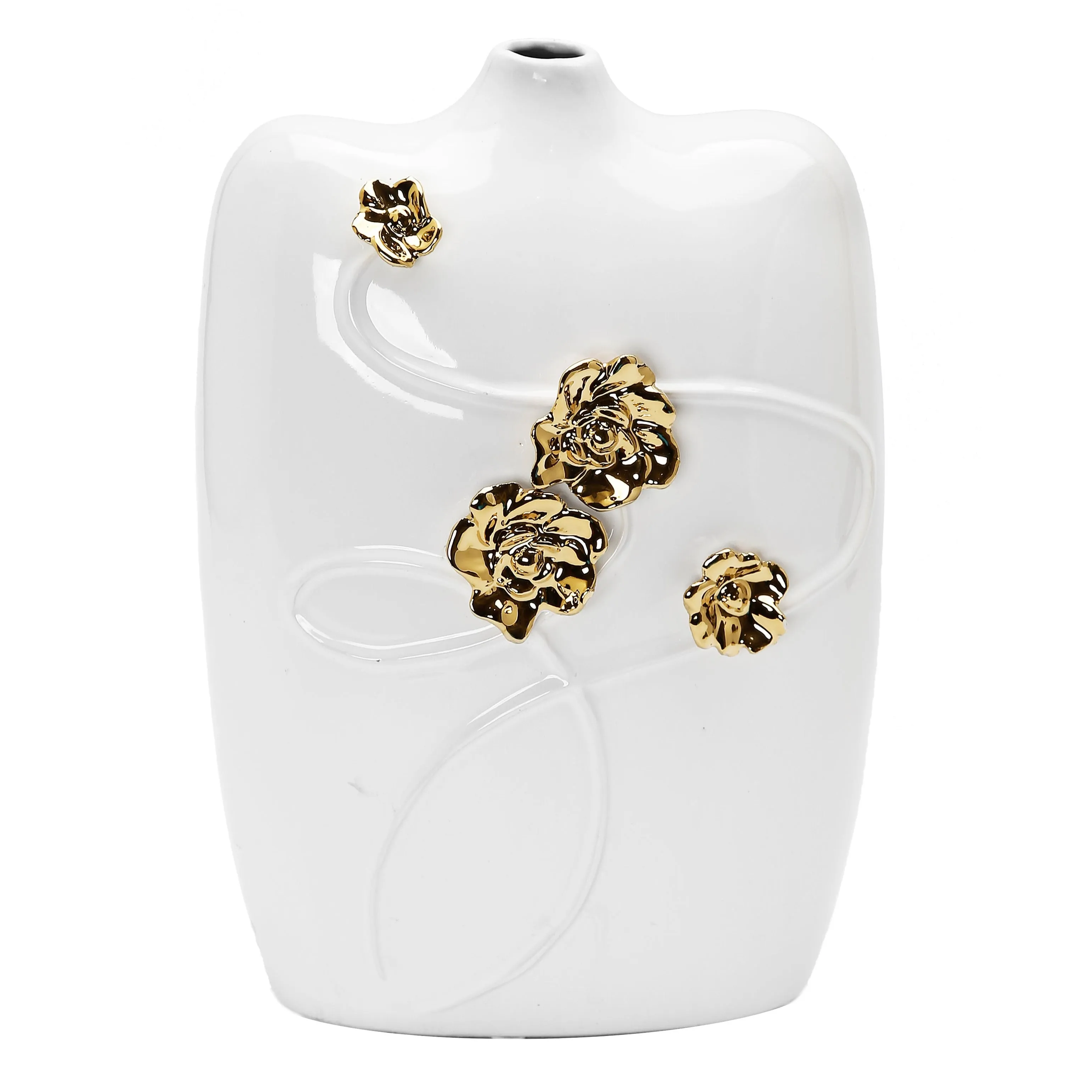 White Ceramic Vase with Gold Flower Detail