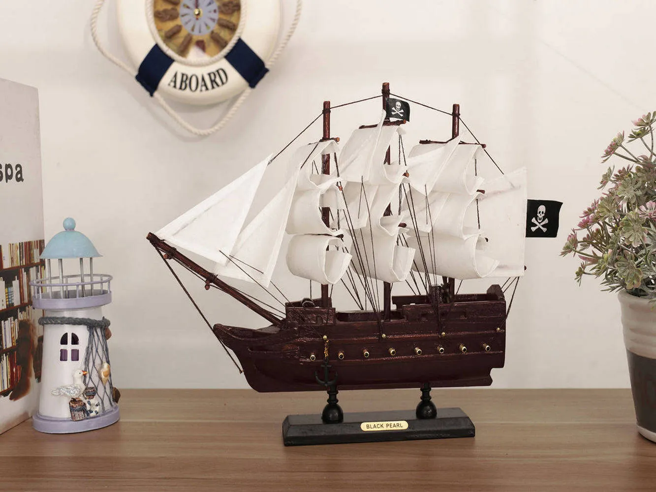 Wooden Black Pearl with White Sails Model Pirate Ship 12"